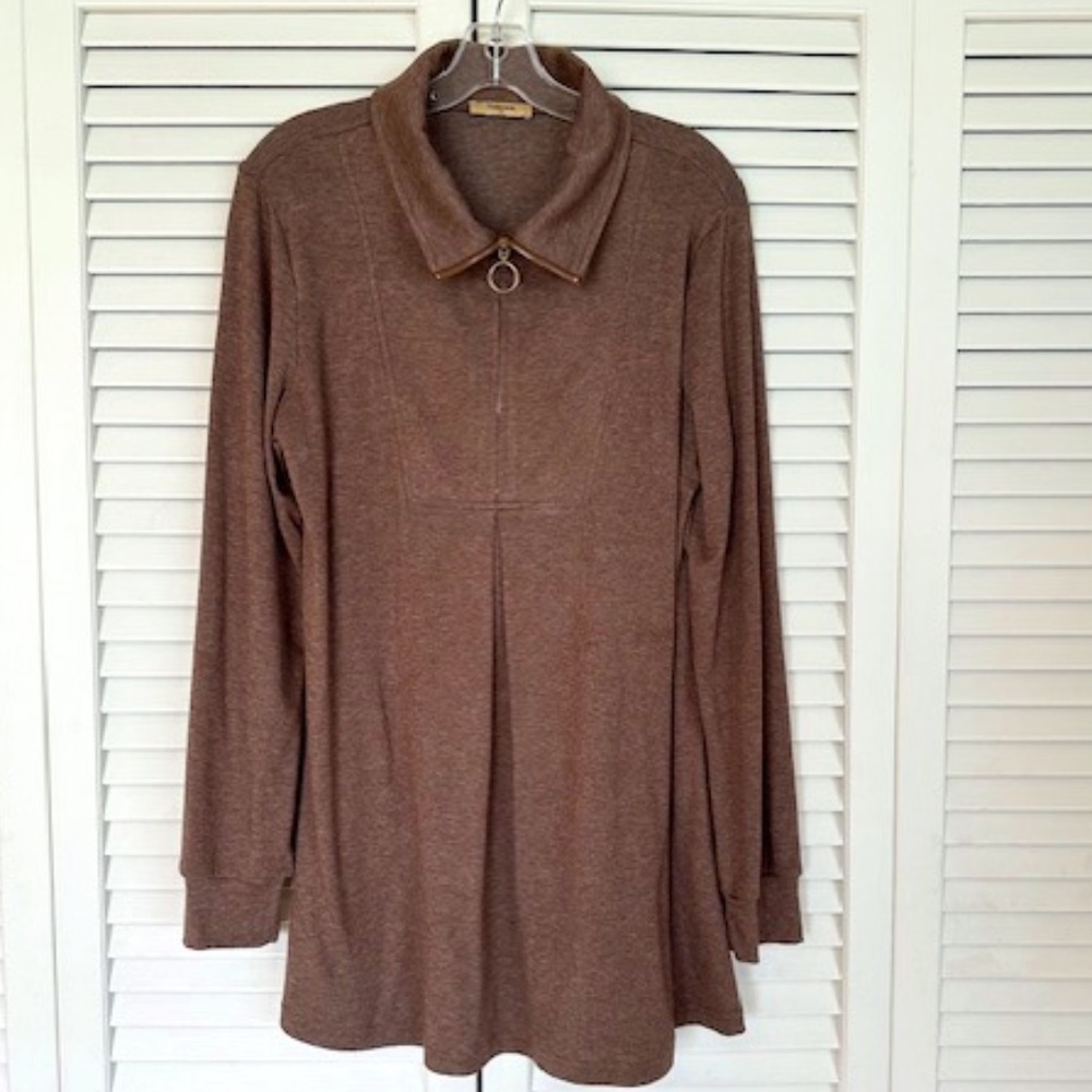 WOMEN'S BROWN SWEATER DRESS BY TIMESON WITH BOTH V COLLAR & TURTLE NECK COLLAR